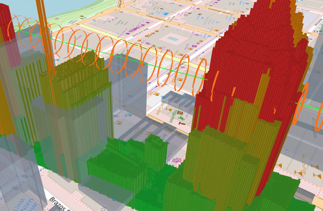 Close-up of semi-transparent buildings in the 3D Corridor Check with the more detailed LiDAR terrain columns still visible underneath