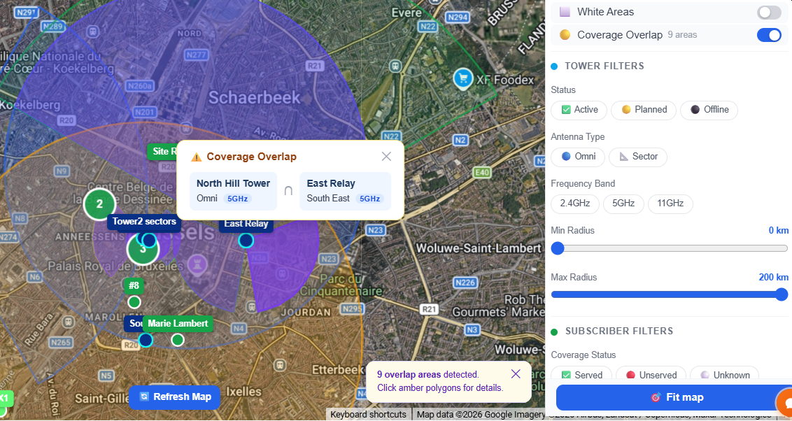 Coverage overlap analysis highlighting interfering sectors