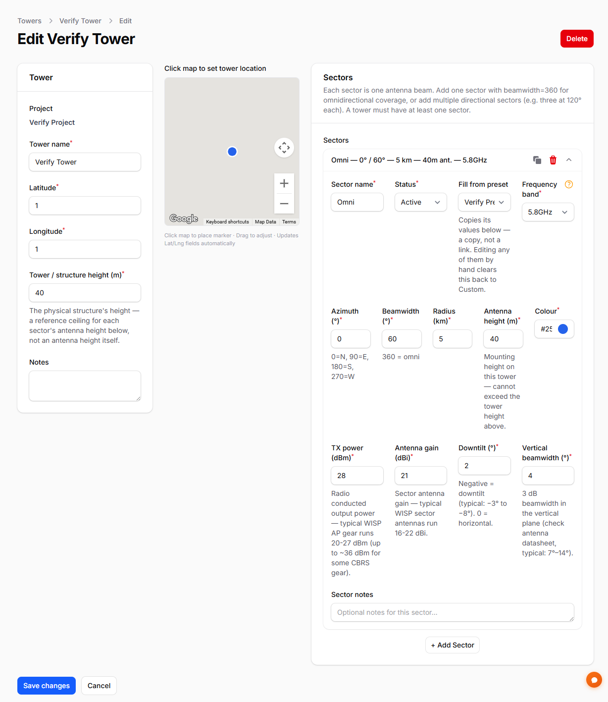 Admin tower edit form with the Fill from preset selector and its explanatory helper text