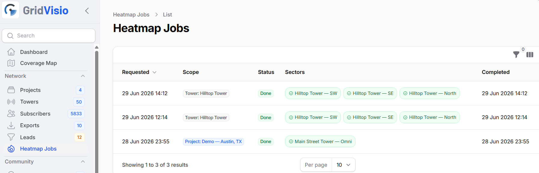 Heatmap Jobs status list showing scope, status and per-sector progress