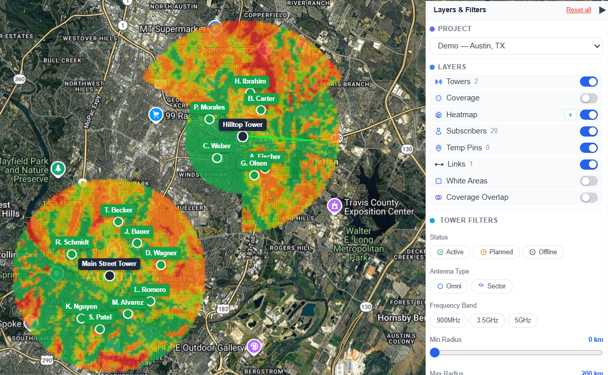 Multi-color signal-strength heatmap layer shown on the coverage map