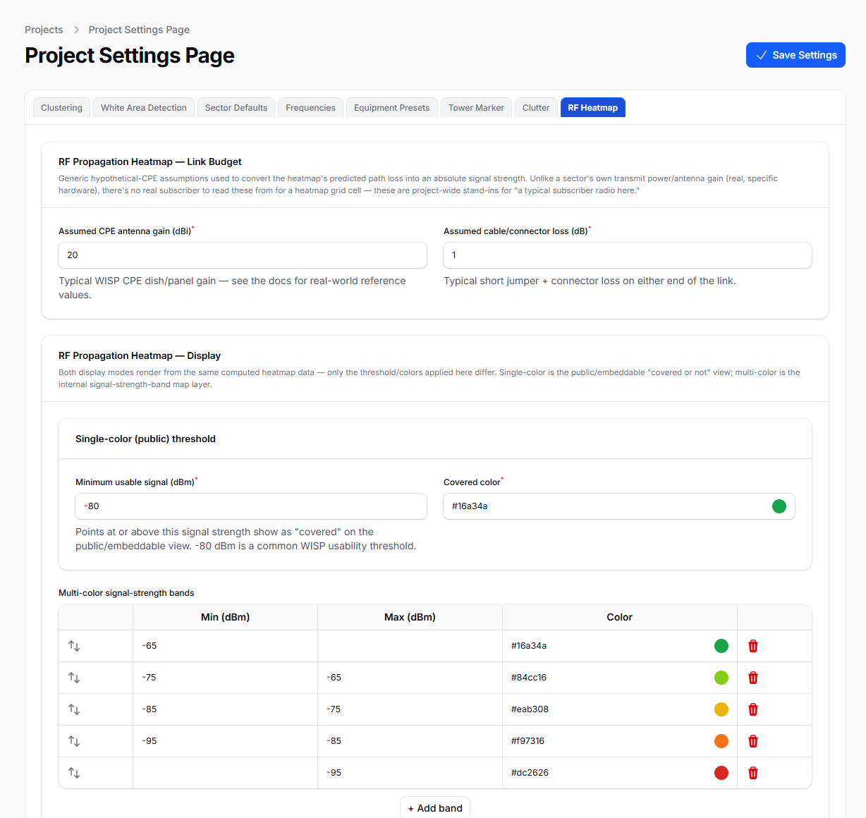 Project Settings page showing the RF propagation heatmap link-budget and display-color configuration