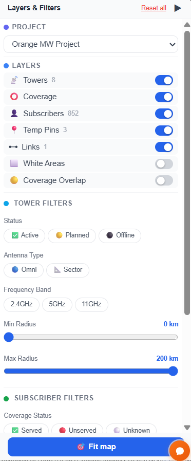 Layers and filter panel on the map