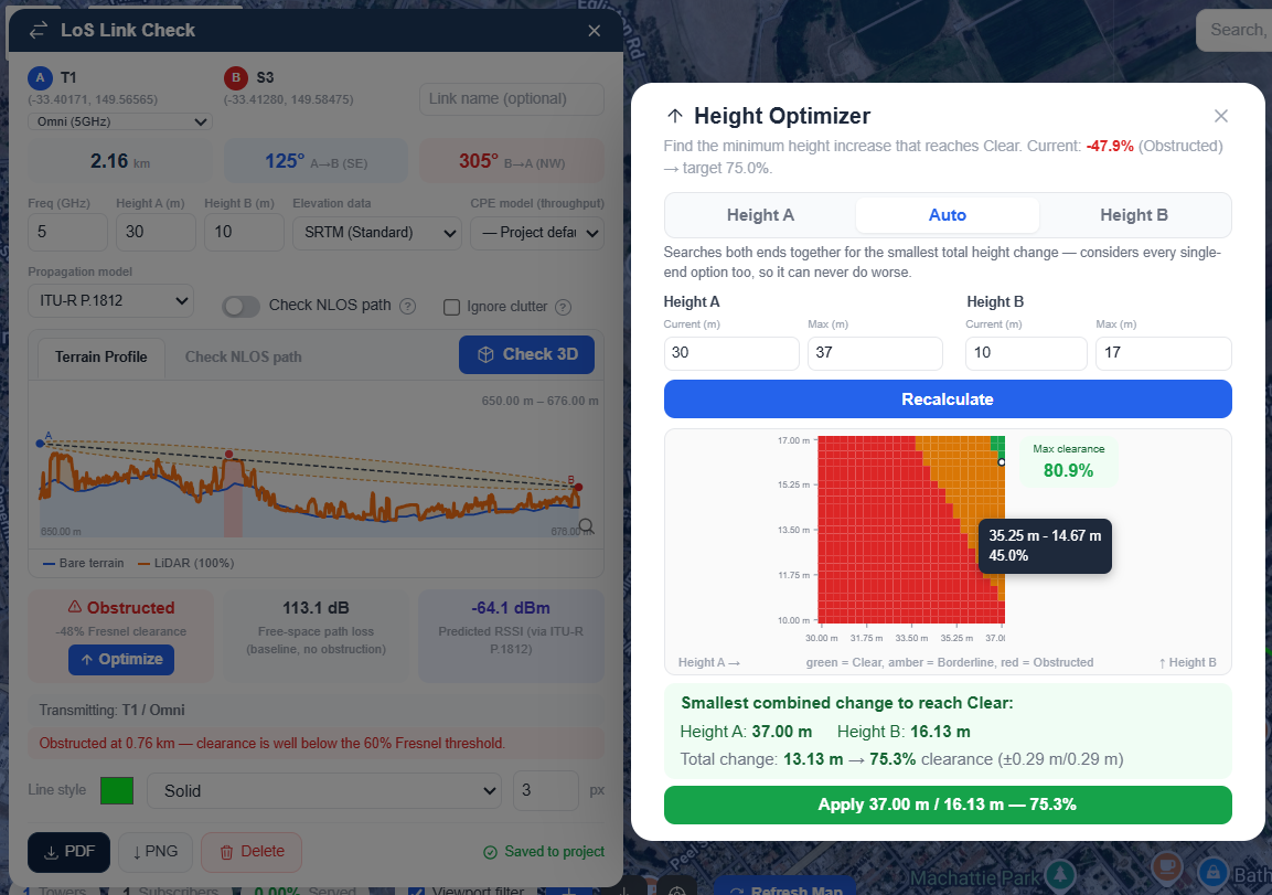 Height Optimizer — Auto mode showing the Height A/B current and max fields, a colored clearance grid, and the Apply button