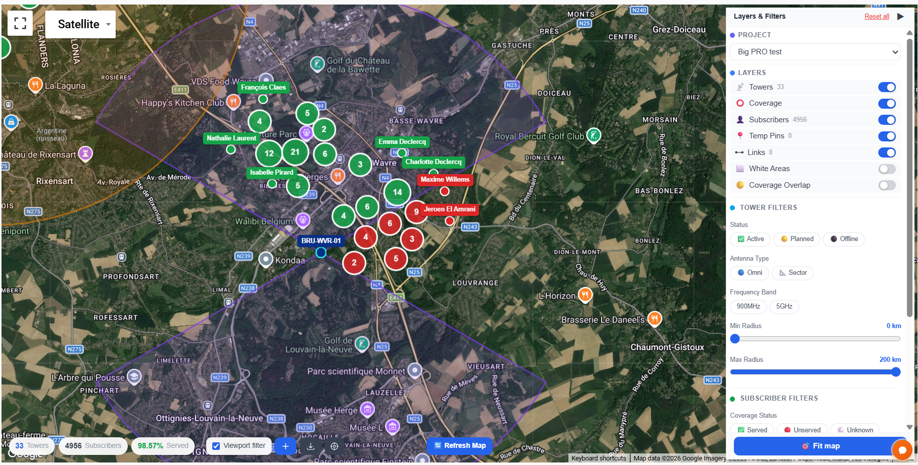 Full map view showing coverage sectors and subscribers