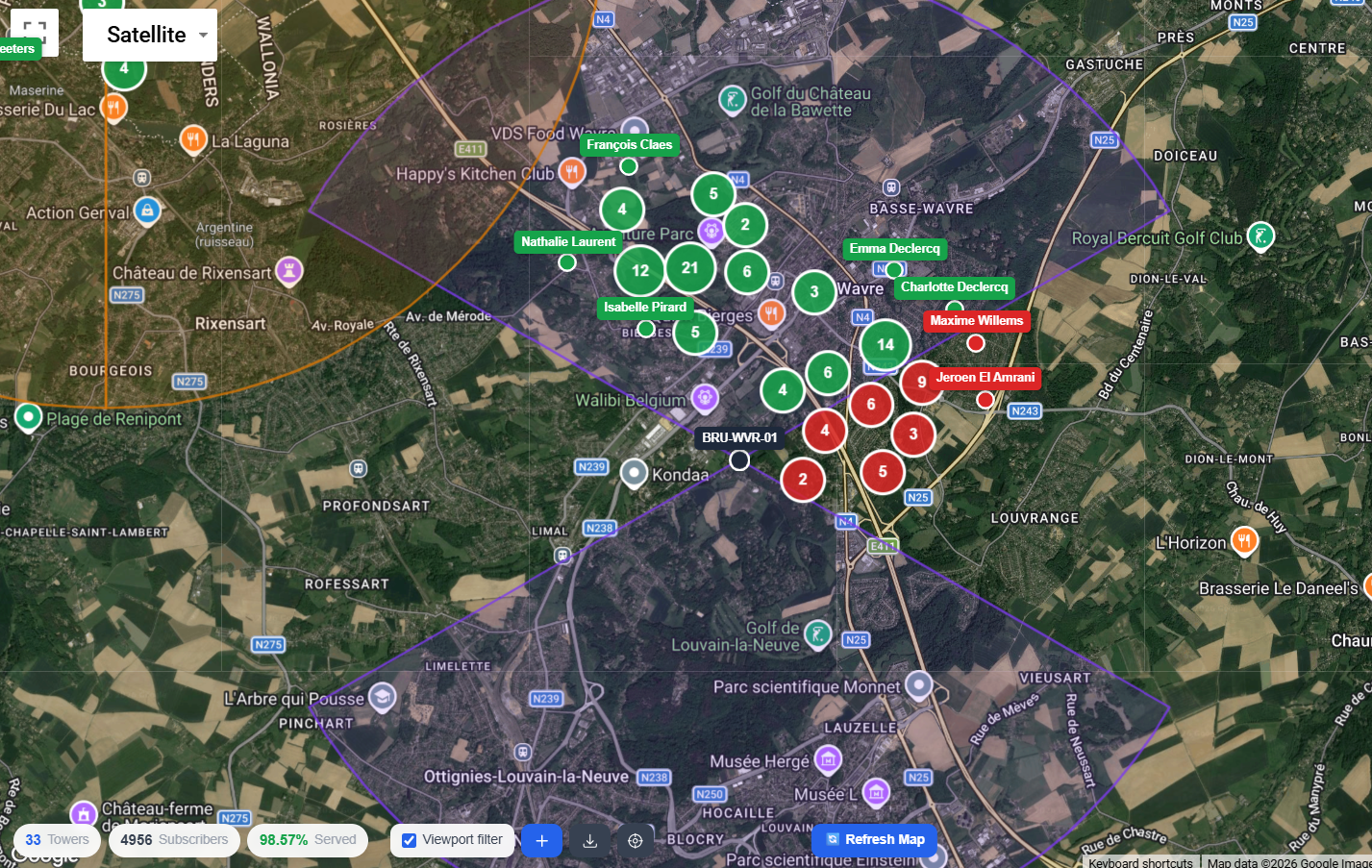 Main coverage map with towers, sectors and subscribers