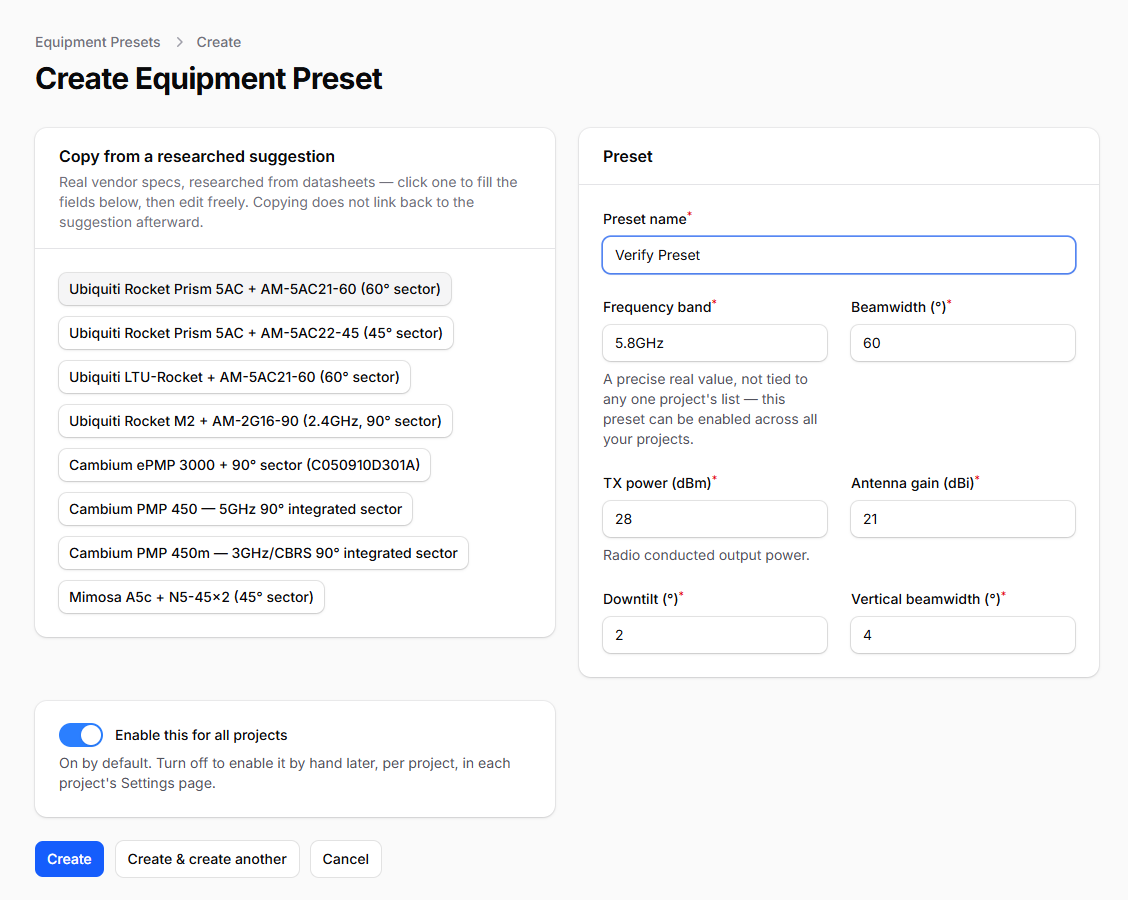 Create Equipment Preset page with suggestion buttons and RF fields filled from a copied suggestion