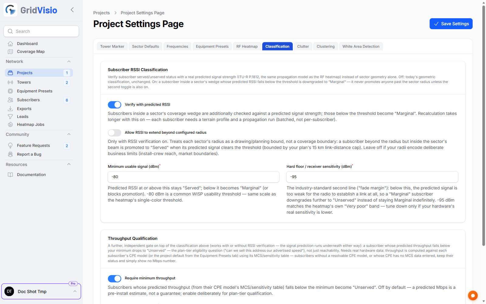 Project Settings Classification tab with RSSI and throughput qualification toggles and thresholds