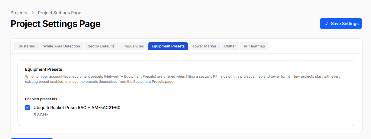 Project Settings Equipment Presets tab with an enabled preset checkbox
