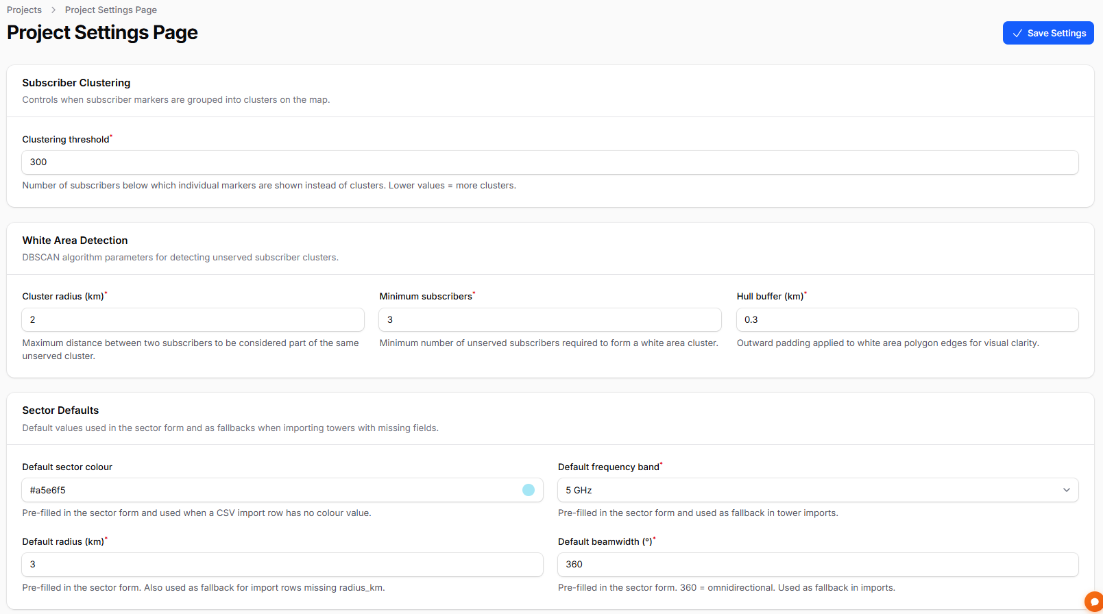 Project settings page with configuration options