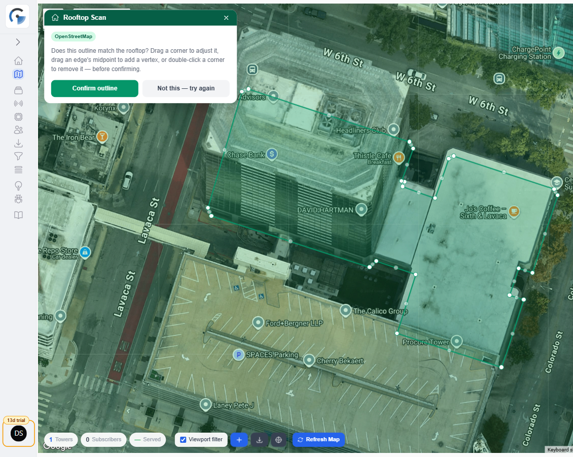 Rooftop Scan showing a real OpenStreetMap-detected building outline, ready to confirm or adjust before scanning