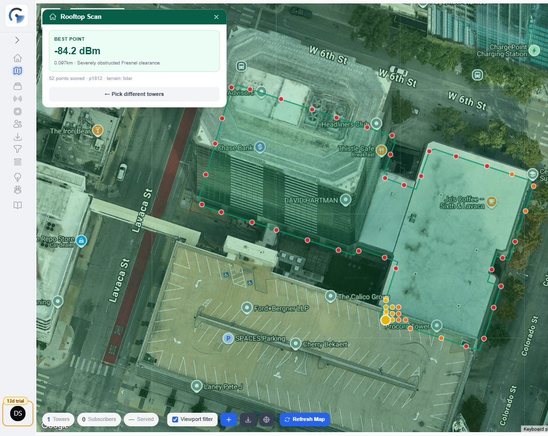 Rooftop Scan results — a ring of scored candidate points around the roof edge with the Best point summary panel