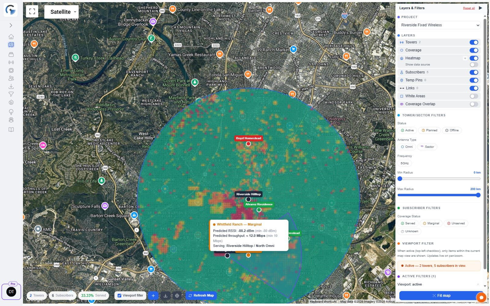 Subscriber marker hover popover showing predicted RSSI, throughput, and serving tower/sector for a Marginal subscriber