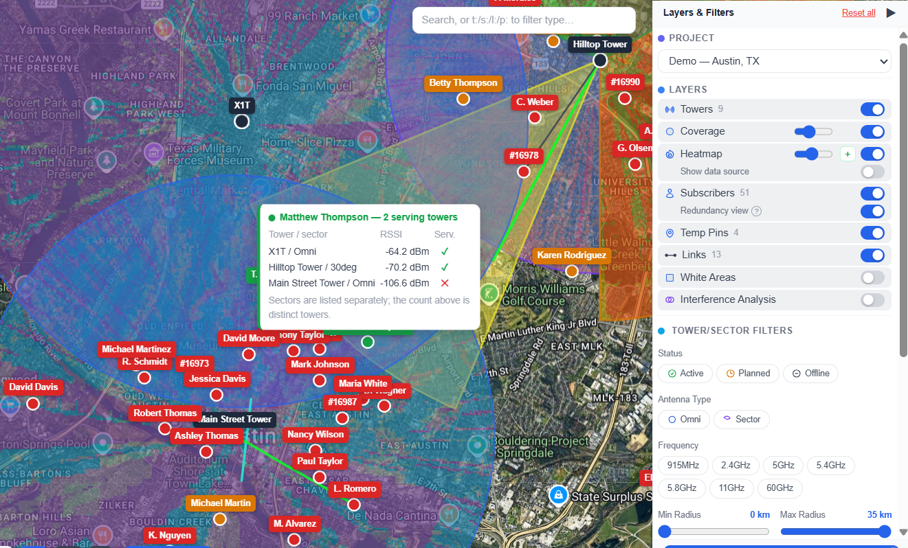 Redundancy view — subscriber markers colored green, amber and red by how many towers can serve each one, with the Redundancy view toggle under the Subscribers layer