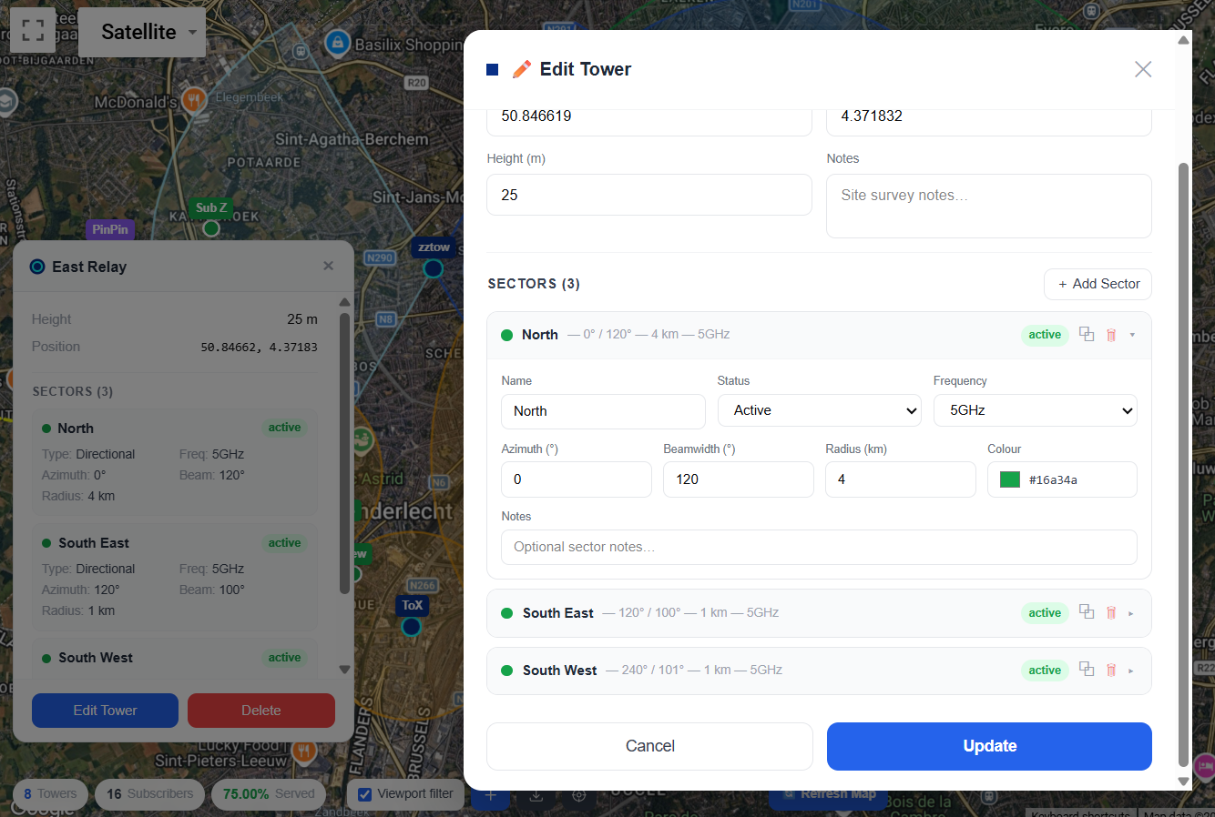 Tower edit modal with name, coordinates and sector configuration